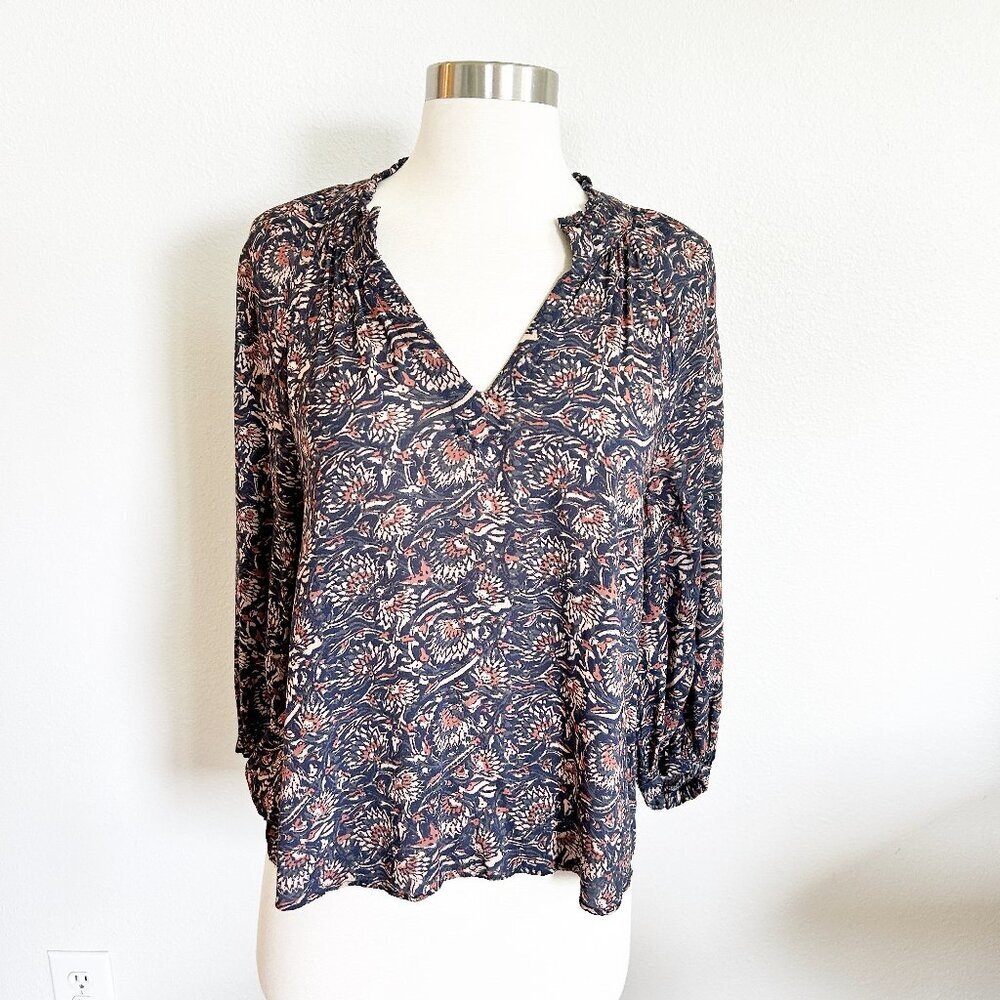 Faherty Shirt XS Brown Blue Floral Peasant Top Blouse 3/4 Sleeve Viscose